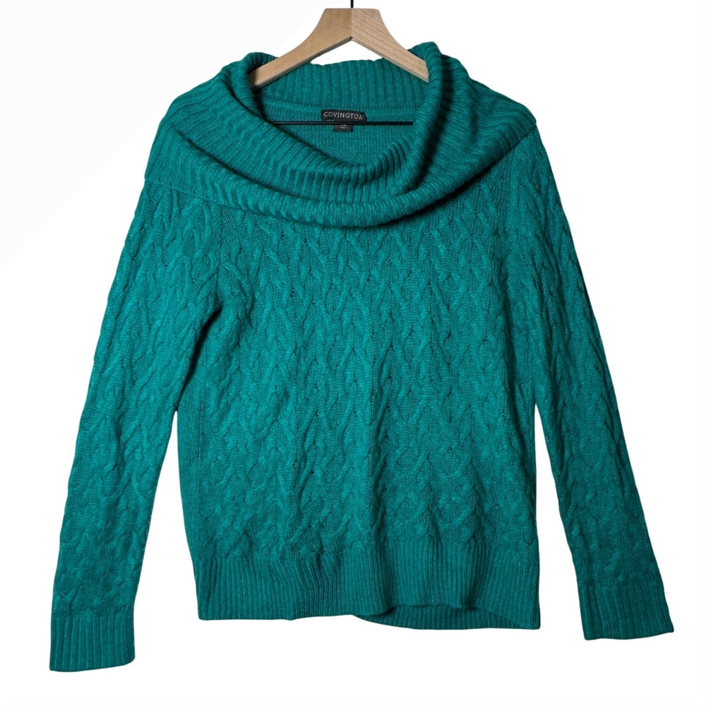 Covington Womens Medium Teal Cable Knit Cowl Neck Sweater Cozy‎ Pullover